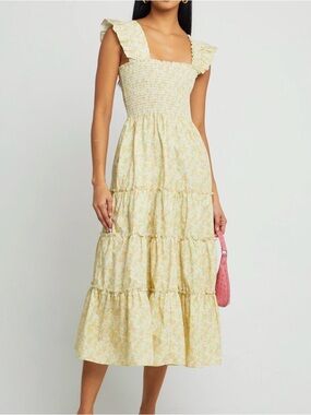 Kourt Calypso Smocked Tiered Midi Dress in Pale Yellow and Green Floral Size M